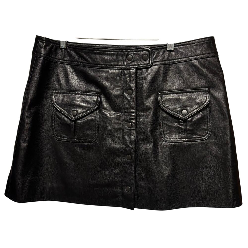 Boston Proper Black Real Leather Mini Skirt Front Snap Pockets Lined Self Belt